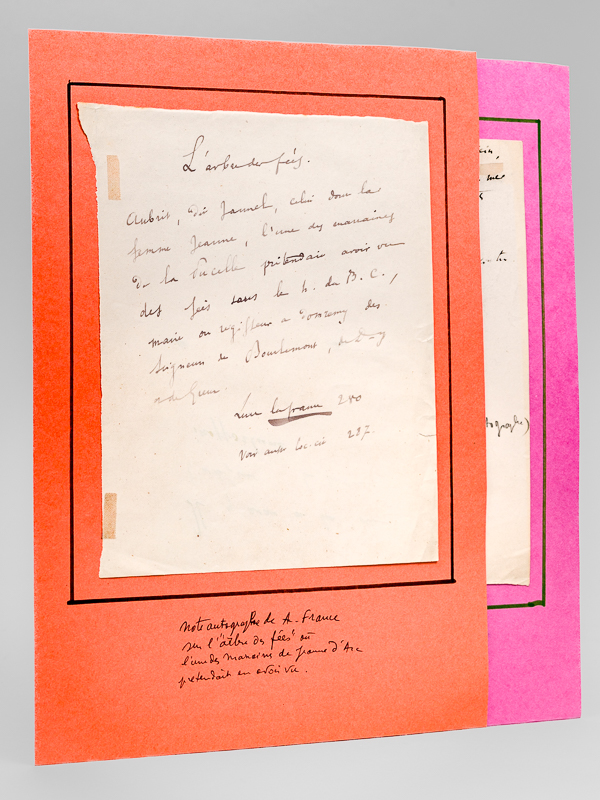 photo n°6 : [ 2 pièces autographes : ] 1 P.A. d'une page : 'L'arbre des fées. Aubrit, dit Jannel, celui dont la femme Jeanne, l'une des marraines de la Pucelle prétendait avoir vu des fées dans le h. du B.C. [bois chenu ], maire ou r&eacut