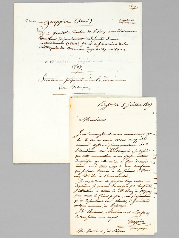 photo n°8 : [ Lettre autographe signée ] 1 L.A.S. d'une page datée de Besançon, le 5 juillet 1807, adressée à Dijon à M. Antoine, ancien ingénieur en chef des Ponts et Chaussées, membre de plusieurs acadé