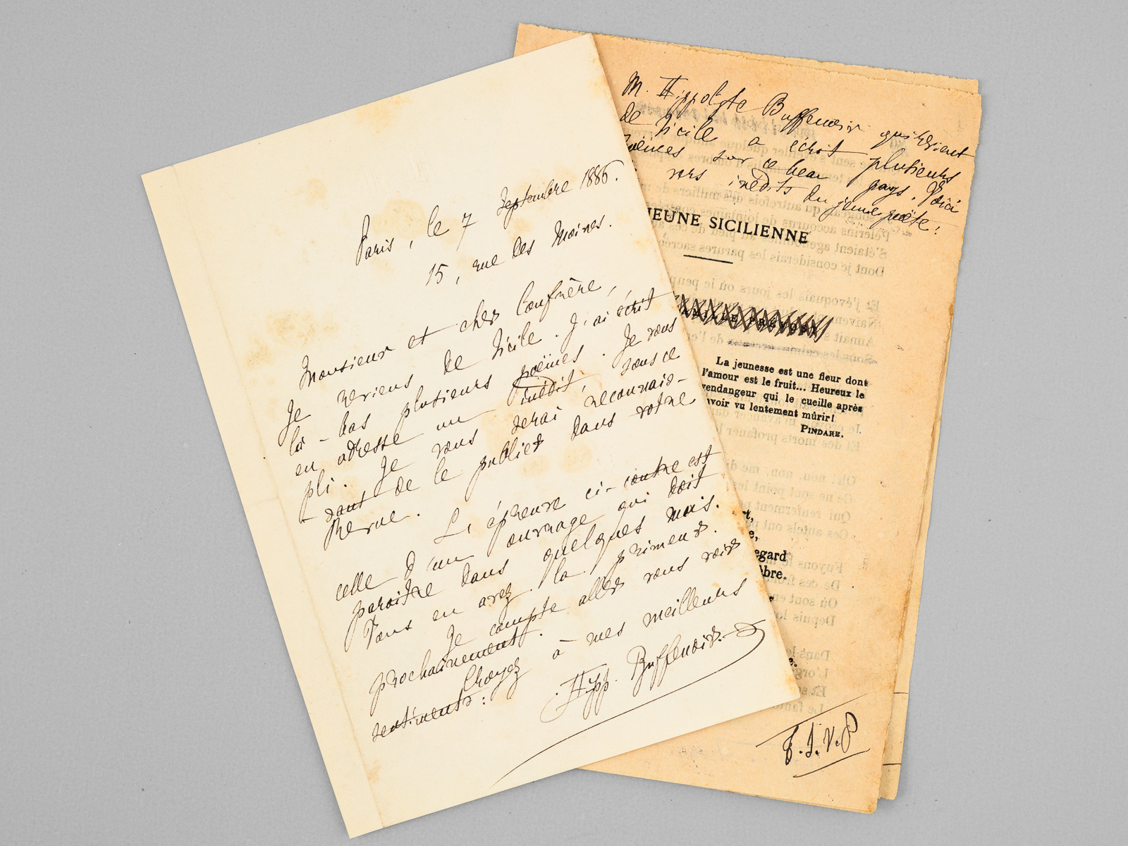 photo n°7 : [ Lettre autographe signée accompagnée des épreuves corrigées et signée du poème : 'La Jeune sicilienne' ] L.A.S. sur papier à en-tête, datée du 7 septembre 1886, 15 rue des Moines : 'Monsieur