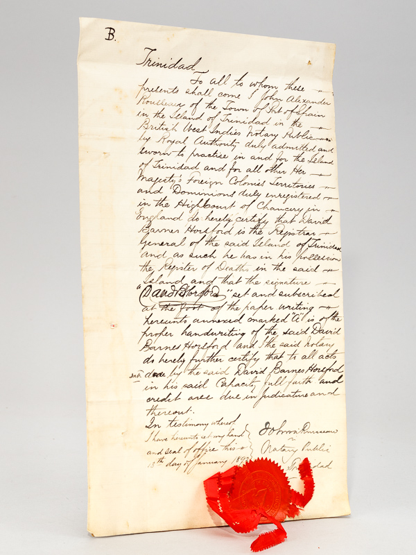 photo n°5 : [ Manuscript Document sealed by John Rousseau, dated 13 th of January 1892 ]  'To all to whom theses presents shall come I John Alexander Rousseau of the Town of Port of Spain in the Island of Trinidad in the British West Indies Notary Public by Royal Aut