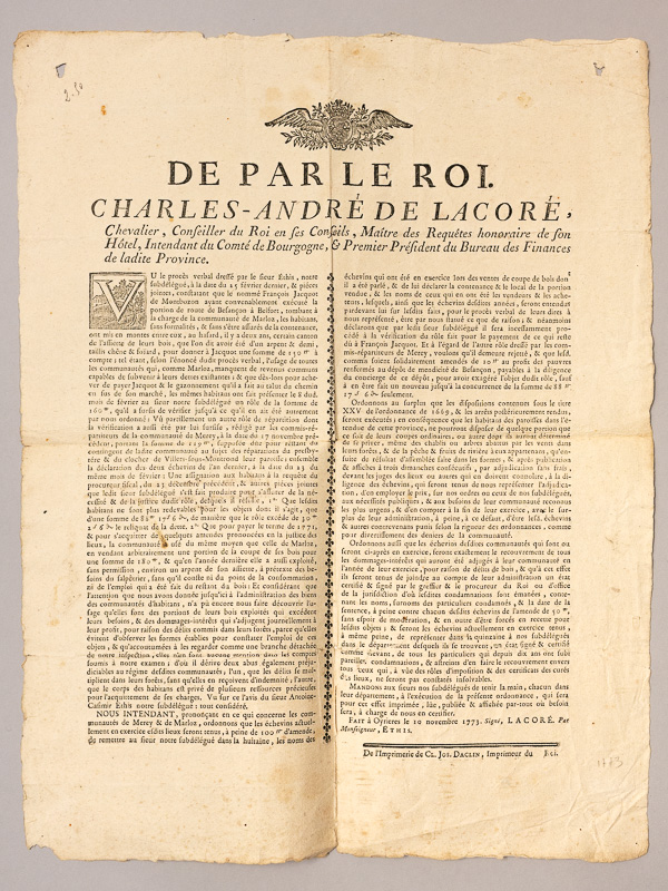 photo n&deg;7 : [ Ordonnance faite &agrave; Oyri&egrave;res le 10 novembre 1773, concernant les communaut&eacute;s de Merey & de Marloz ] De par le Roi, Charles-Andr&eacute; de Lacor&eacute;, Chevalier, Conseiller du Roi en ses Conseils, Ma&icirc;tre des Requ&ecirc;tes h